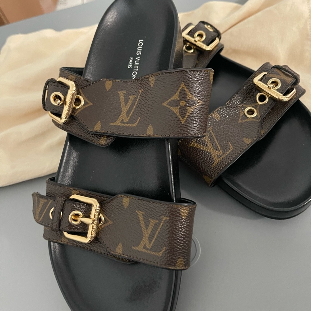 Brand new Louis Vuitton Monogram Sandals with Gold Buckles
